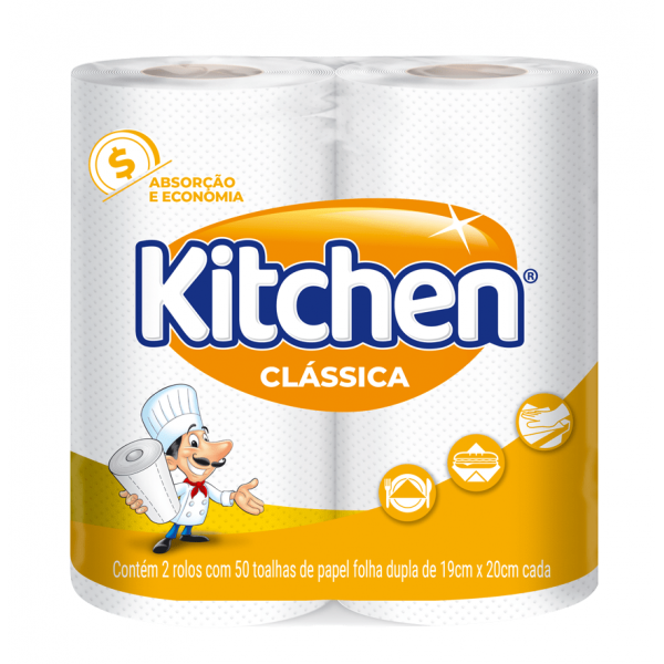 Papel Toalha Kitchen -  2 unidades de 50 toalhas folhas duplas de 19 cm x 20 cm